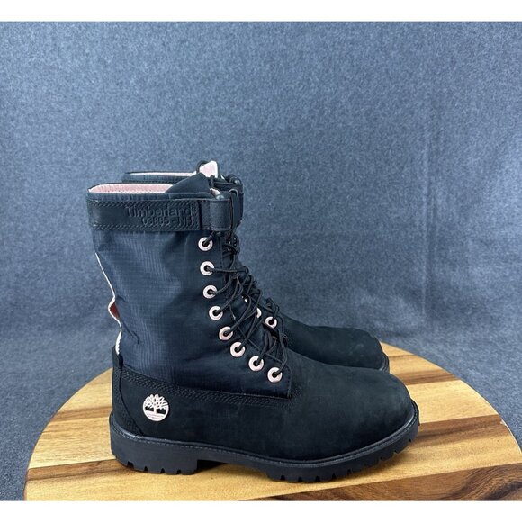 Timberland Gaiter Boots Black Pink Flip Down Waterproof Leather Lace Up Boys 7 - Picture 1 of 10